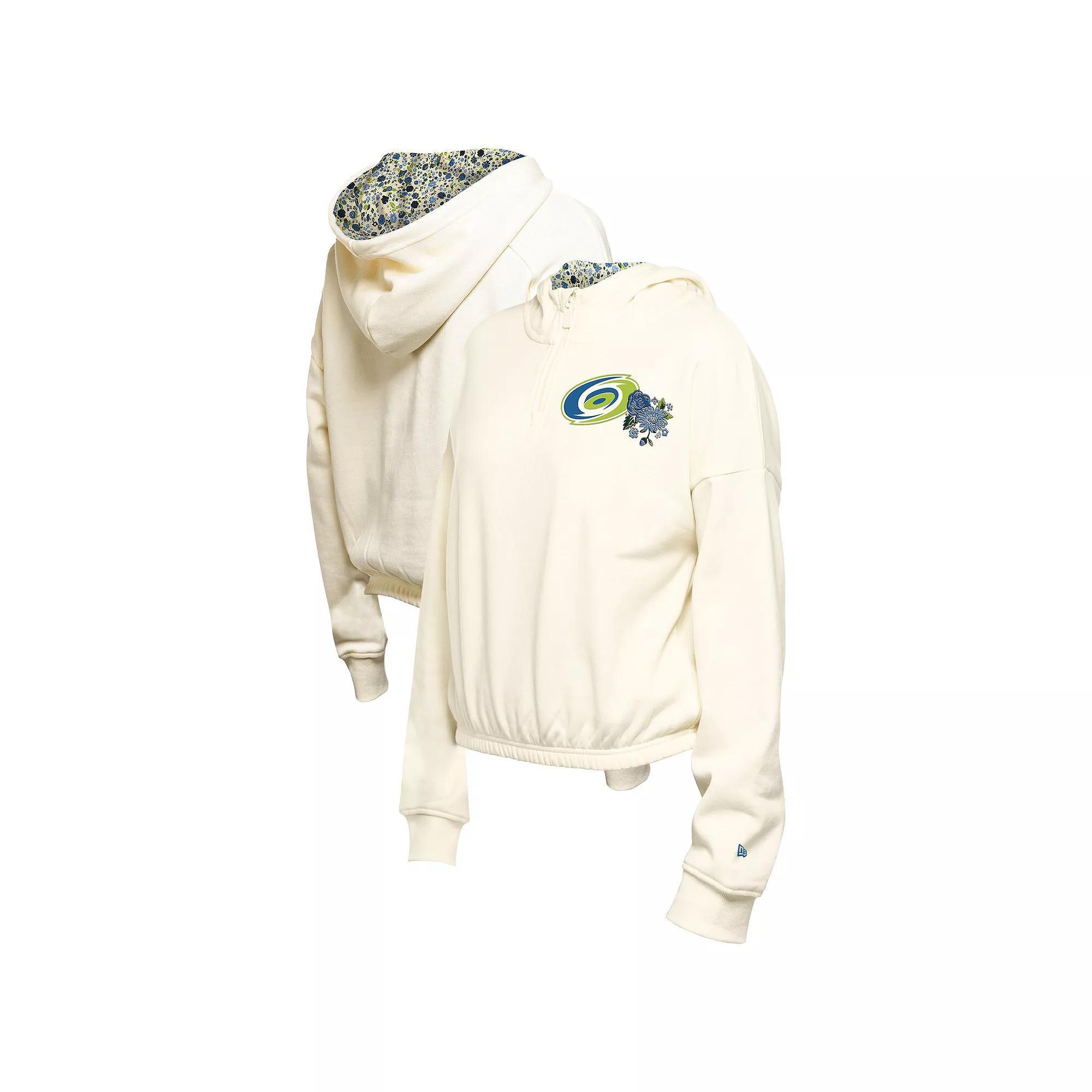 Women's New Era Cream Carolina Hurricanes Glam Game Quarter-Zip Cropped Floral Hoodie Pullover, Size: Large, Beige Product Image