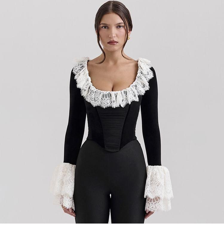 Flared-Sleeve Scoop Neck Plain Lace Trim Asymmetrical Crop Corset Top Product Image