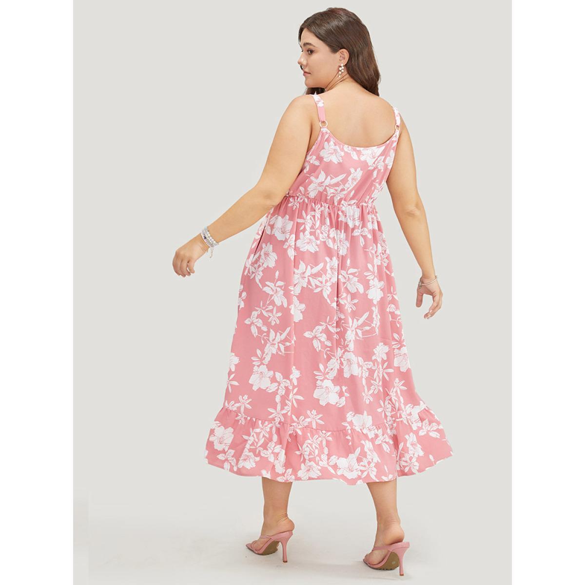 Plus Size Floral Ruffle Hem Pocket Lace Mesh Insert Cami Dress Rouge Women Elegant Adjustable Straps Spaghetti Strap Sleeveless Curvy Midi Dress BloomChic 22-24/3X Product Image