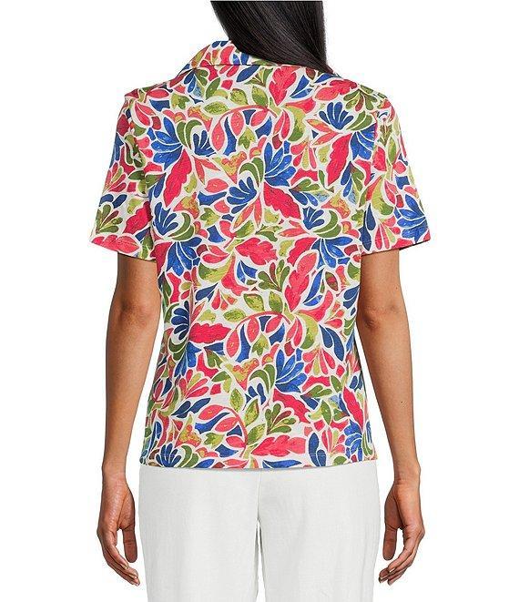 Investments Knit Folk Art Floral Short Sleeve Button Front Notch Collar Camp Top Product Image
