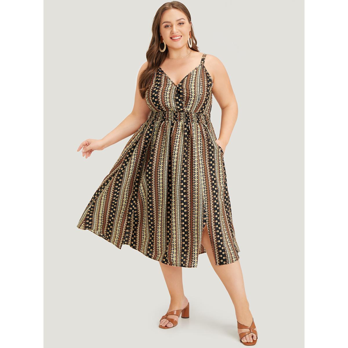Plus Size Bandana Print Shirred Pocket Split Wrap Cami Dress DarkBrown Women Vacation Adjustable Straps Spaghetti Strap Sleeveless Curvy Midi Dress BloomChic 12/L Product Image