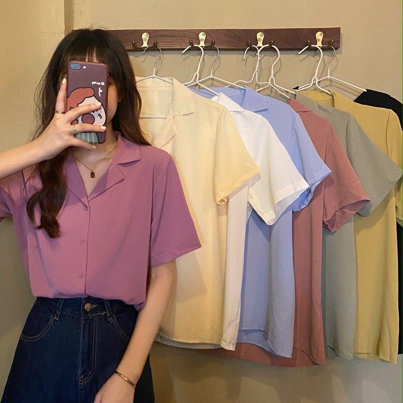Short-Sleeve Button-Up V-Neck Shirt Product Image