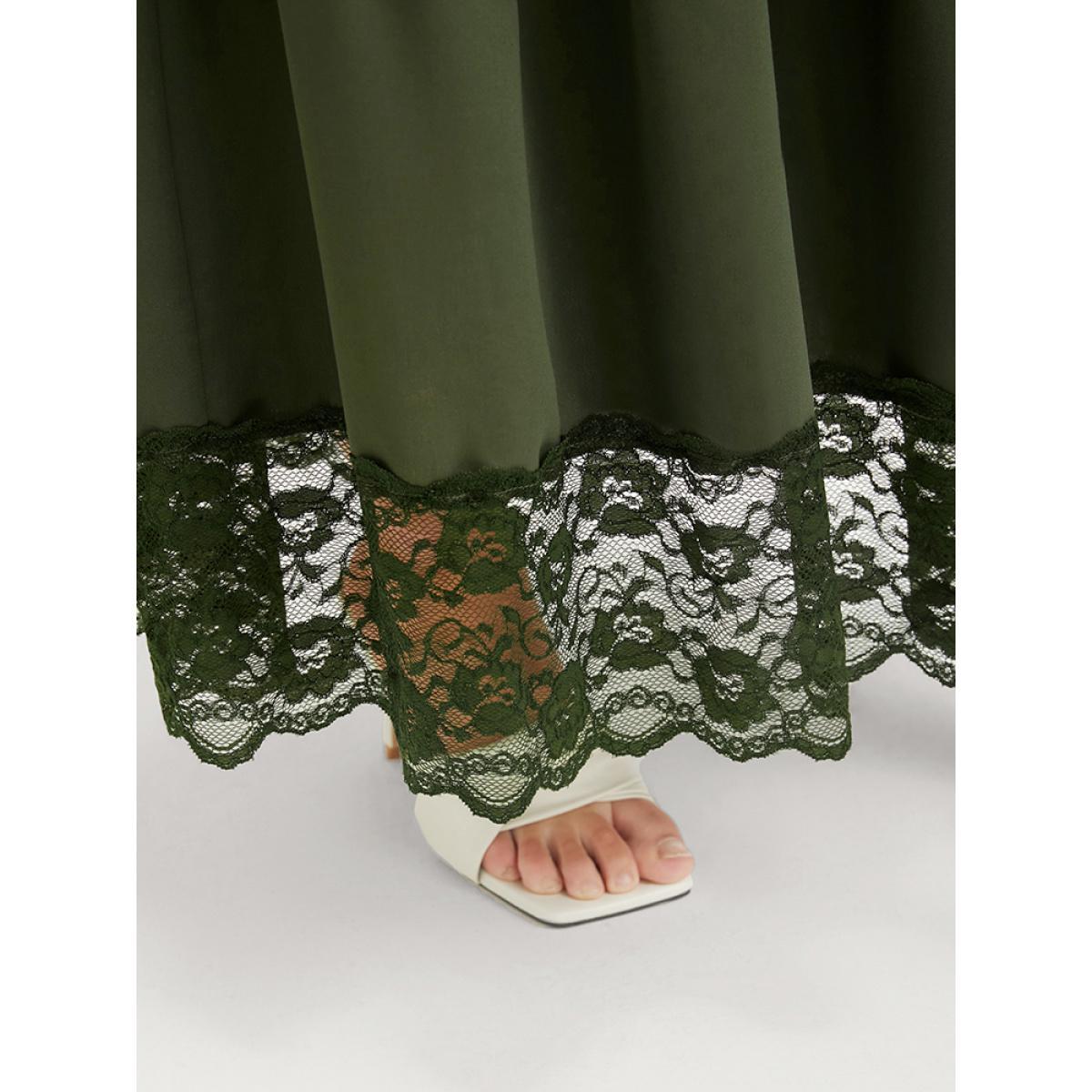 Plus Size Solid Pocket Lace Trim Ruffle Hem Skirt Women ArmyGreen Elegant Patchwork Low stretch Pocket Dailywear Skirts BloomChic 22-24/3X Product Image