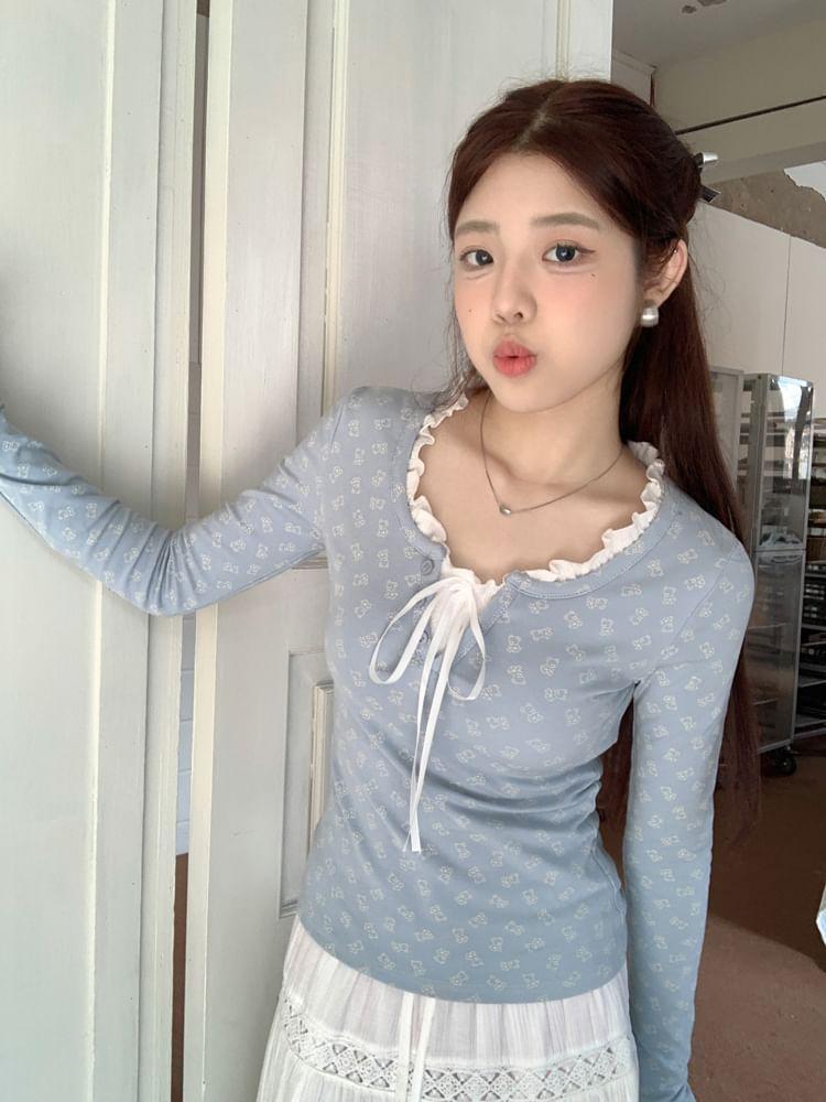 Long-Sleeve U-Neck Bear Print Lace Trim Top Product Image