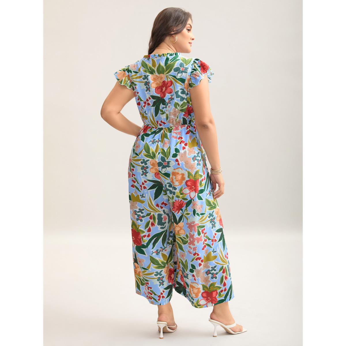 Plus Size LightBlue Sunkissed Floral Print Button Wide-Leg Jumpsuit Women Cap Sleeve Notched collar Vacation Loose Jumpsuits BloomChic 18-20/2X Product Image