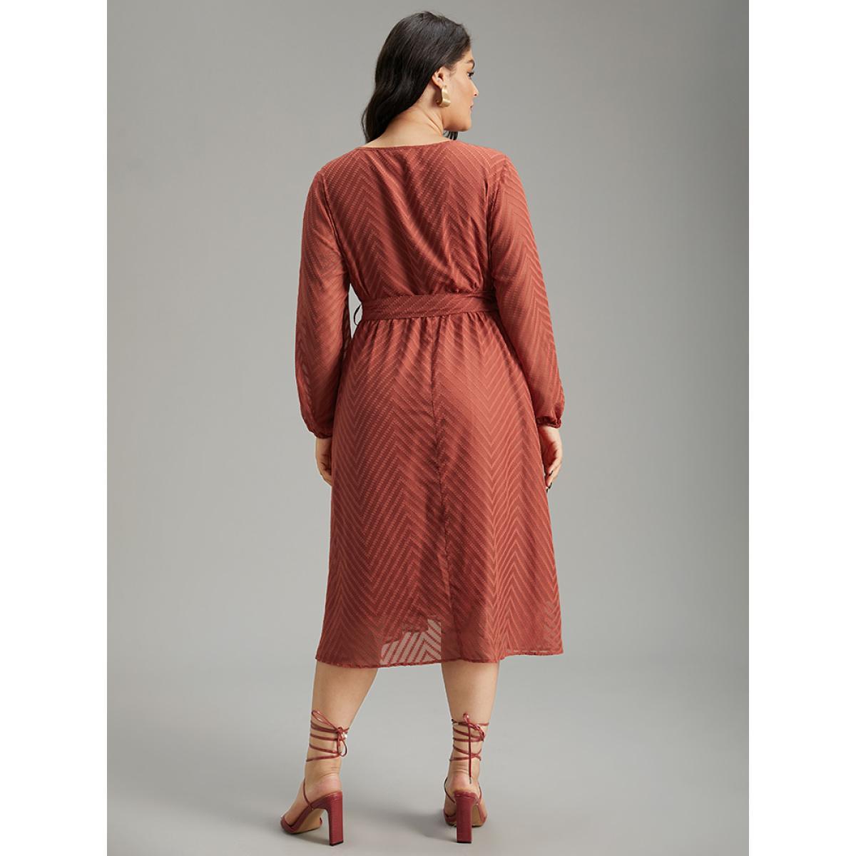 Plus Size Plain Mesh Texture Keyhole Belted Lantern Sleeve Dress Rust Women Office Elastic cuffs Keyhole Cut-Out Long Sleeve Curvy Midi Dress BloomChic 14-16/1X Product Image