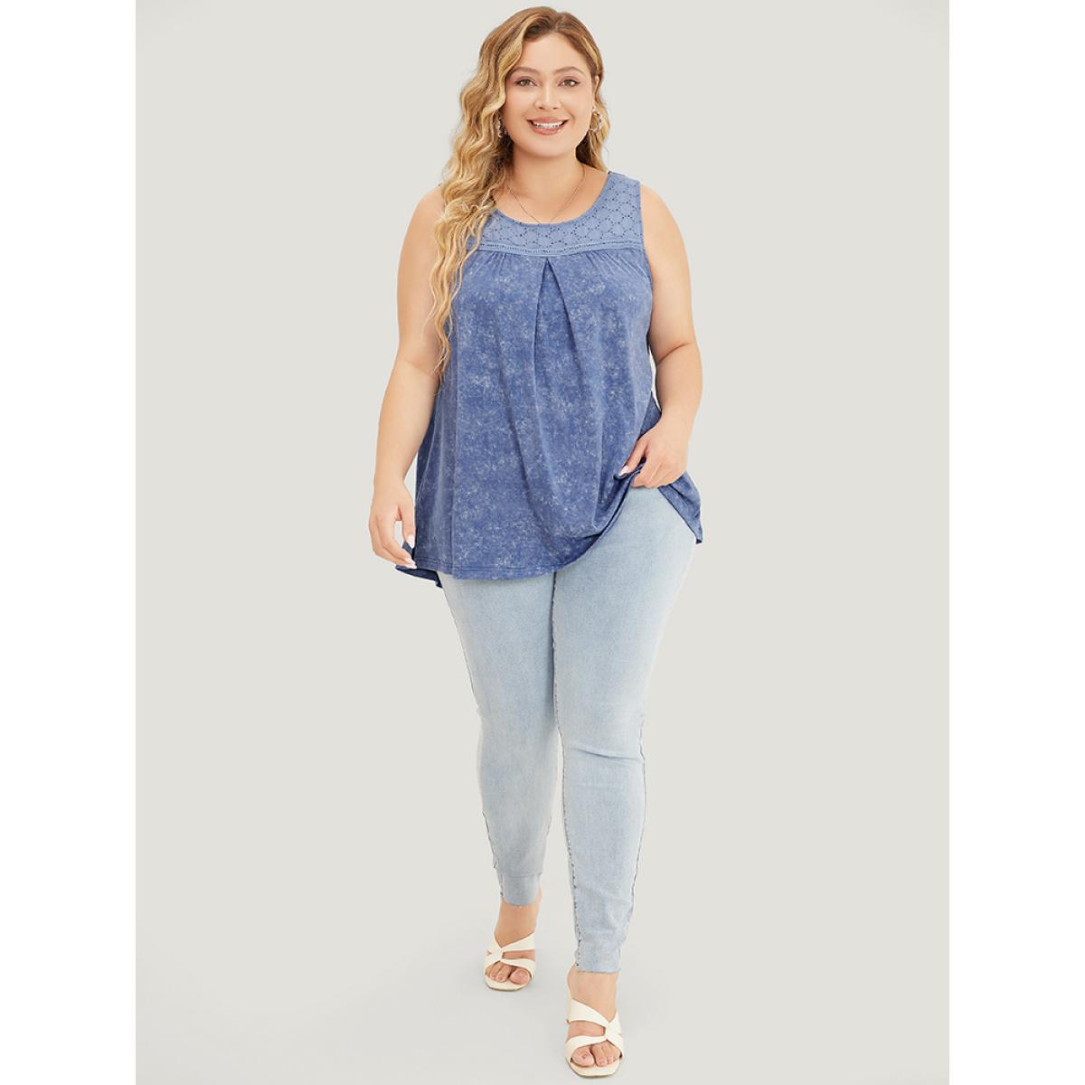 Plus Size Solid Plicated Detail Crochet Lace Tank Top Women Stone Elegant Gathered Round Neck Dailywear Tank Tops Camis BloomChic 10/M Product Image
