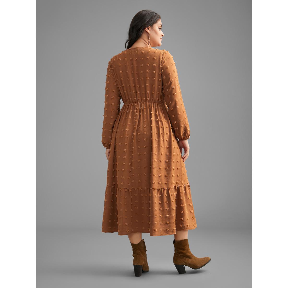 Plus Size Plain Textured Crew Neck Midi Dress Yellowishbrown Women Resort Texture Round Neck Long Sleeve Curvy BloomChic 18-20/2X Product Image