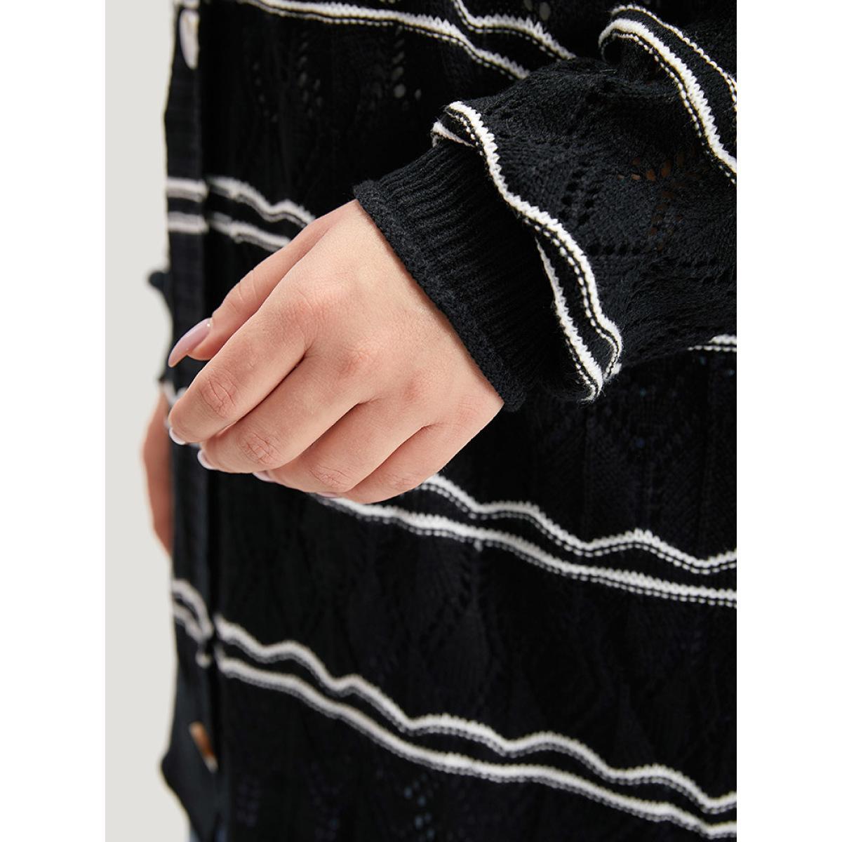 Plus Size Striped Geometric Button Through Cardigan Black Women Casual Loose Long Sleeve Dailywear Cardigans BloomChic 10/M Product Image