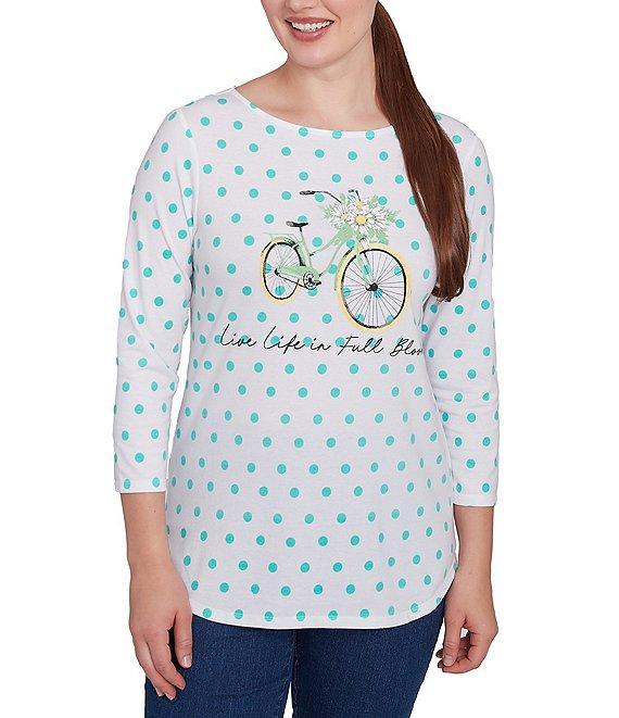 Ruby Rd. Knit Bicycle Floral Polka Dots Crew Neck 3/4 Sleeve Knit Top Product Image