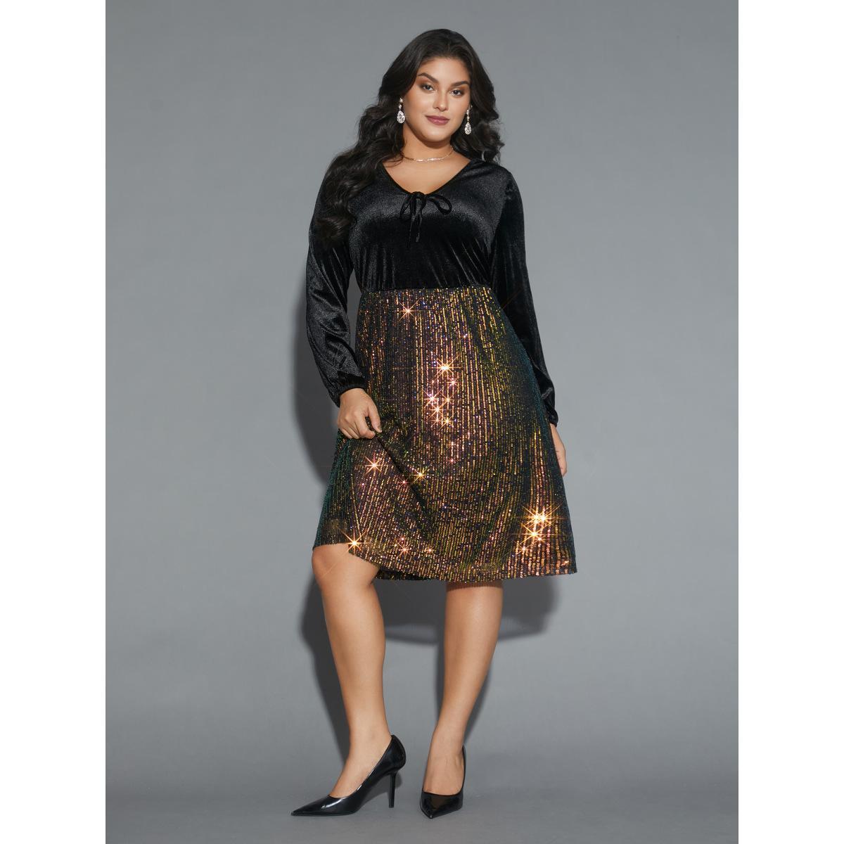 Plus Size Velvet Sequin Patchwork Tie Knot Dress Black Women Cocktail Tie knot Party Curvy Bloomchic 26/4X Product Image
