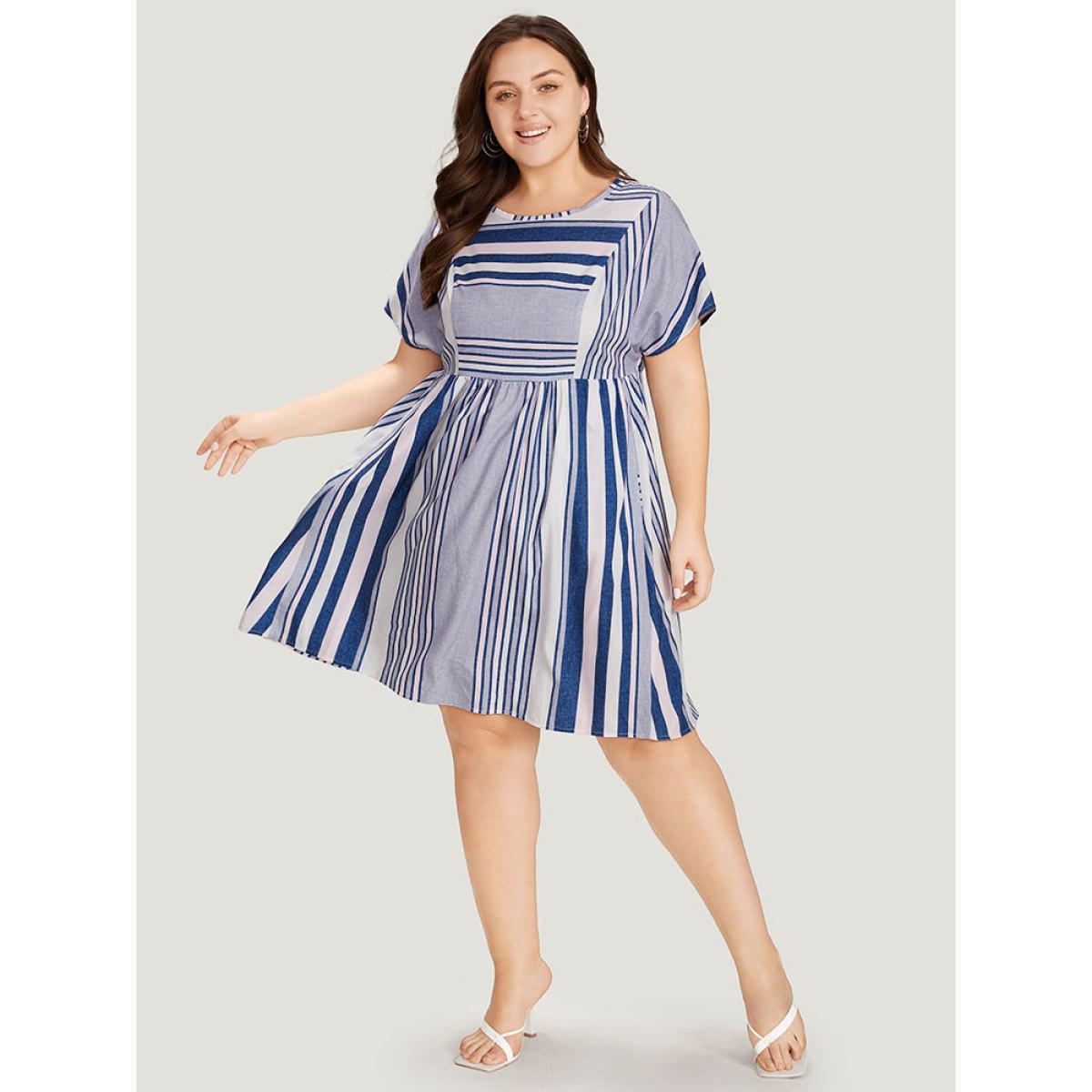 Plus Size Striped Print Patchwork Ruffle Sleeve Ruched Dress DarkBlue Women Vacation Round Neck Short sleeve Curvy Knee Dress BloomChic 26/4X Product Image