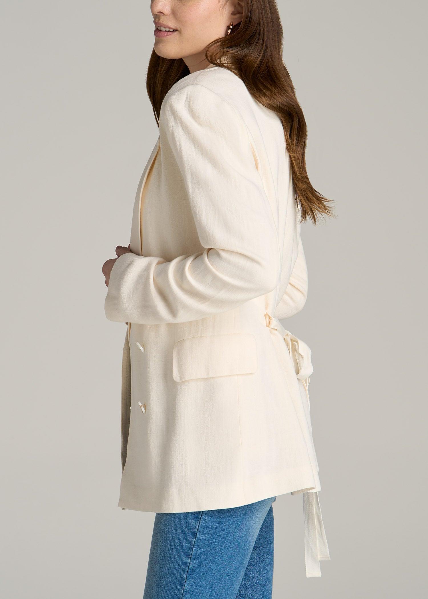 Linen Blend Tie Back Blazer For Tall Women in White Alyssum Product Image