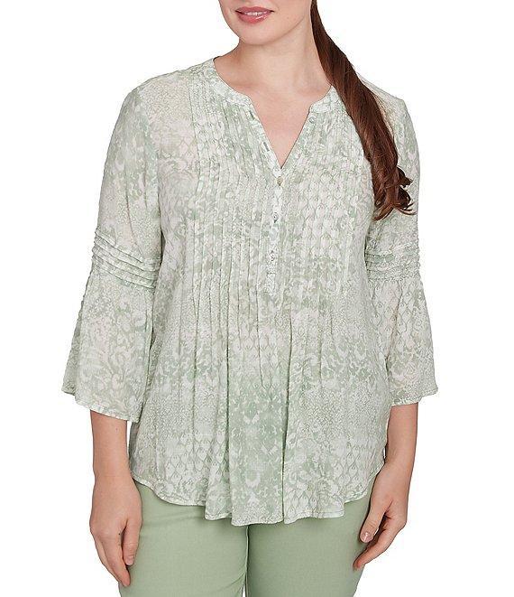 Ruby Rd. Soft Silky Slub Patchwork Band V-Neck 3/4 Bell Sleeve Pleated Flowy Blouse Product Image