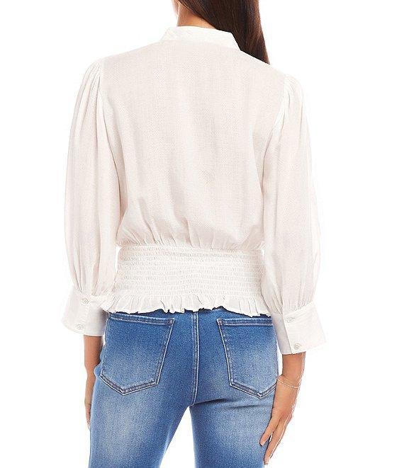 Karen Kane Banded Collar 3/4 Sleeve Embroidered Smocked Blouse Product Image