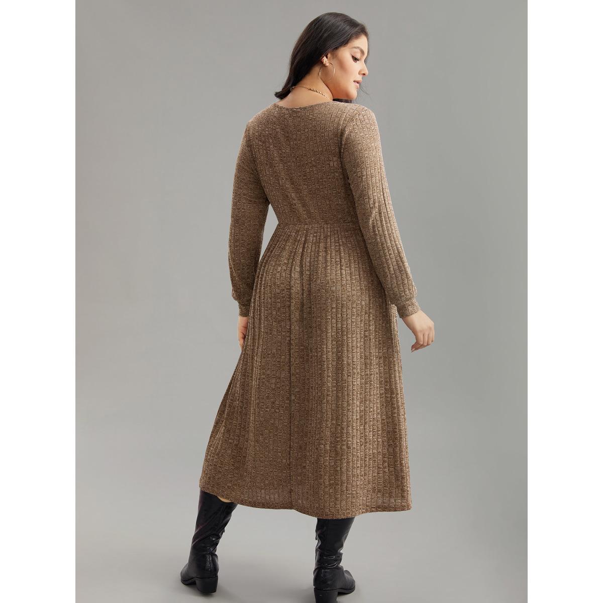 Plus Size Rib Knit Plain Plisse Long Sleeve Dress Yellowishbrown Women Casual Rib Knit V-neck Long Sleeve Curvy Midi Dress BloomChic 28/5X Product Image