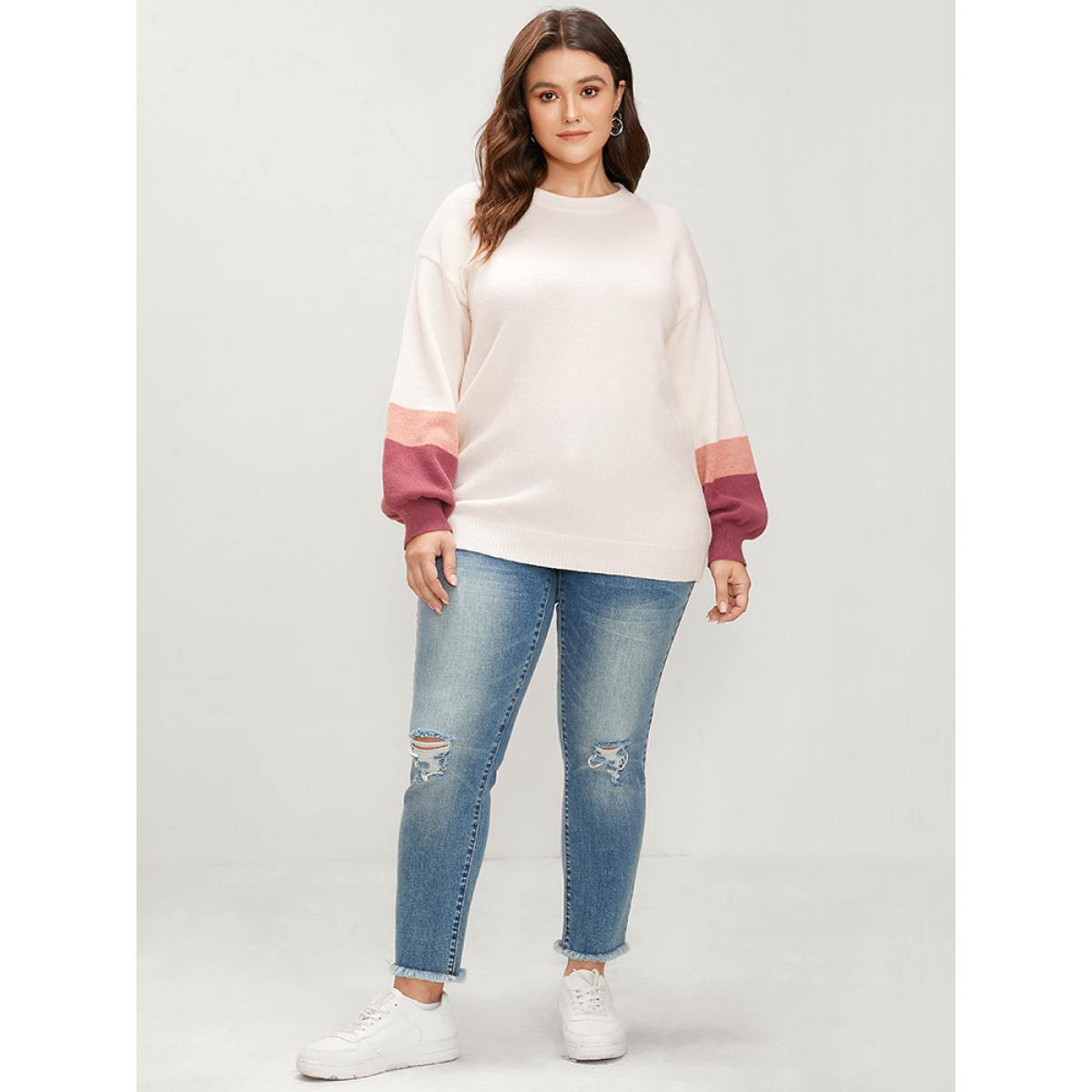 Plus Size Colorblock Contrast Soft Pointelle Knit Lantern Sleeve Knit Top Ivory Women Casual Loose Long Sleeve Round Neck Dailywear Pullovers BloomChic 10/M Product Image