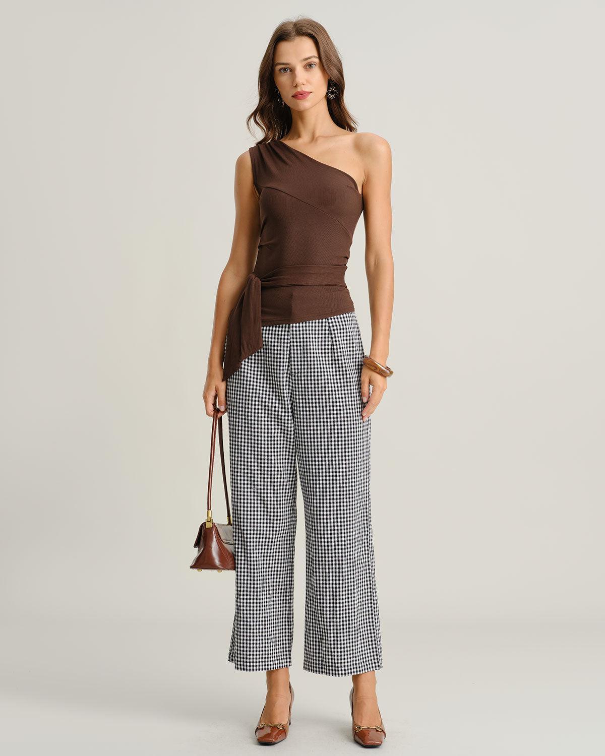 Black Plaid Natural Waisted Straight Pants Product Image