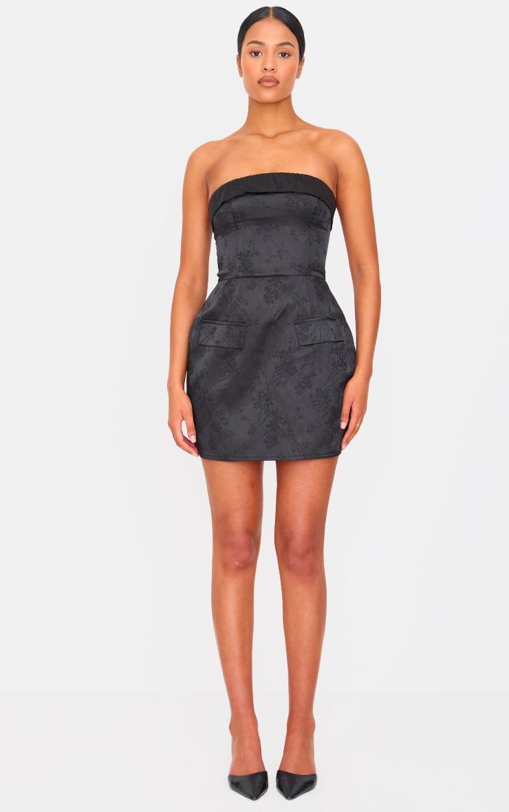 Tall Black Satin Floral Jacquard Bandeau Mini Dress Product Image