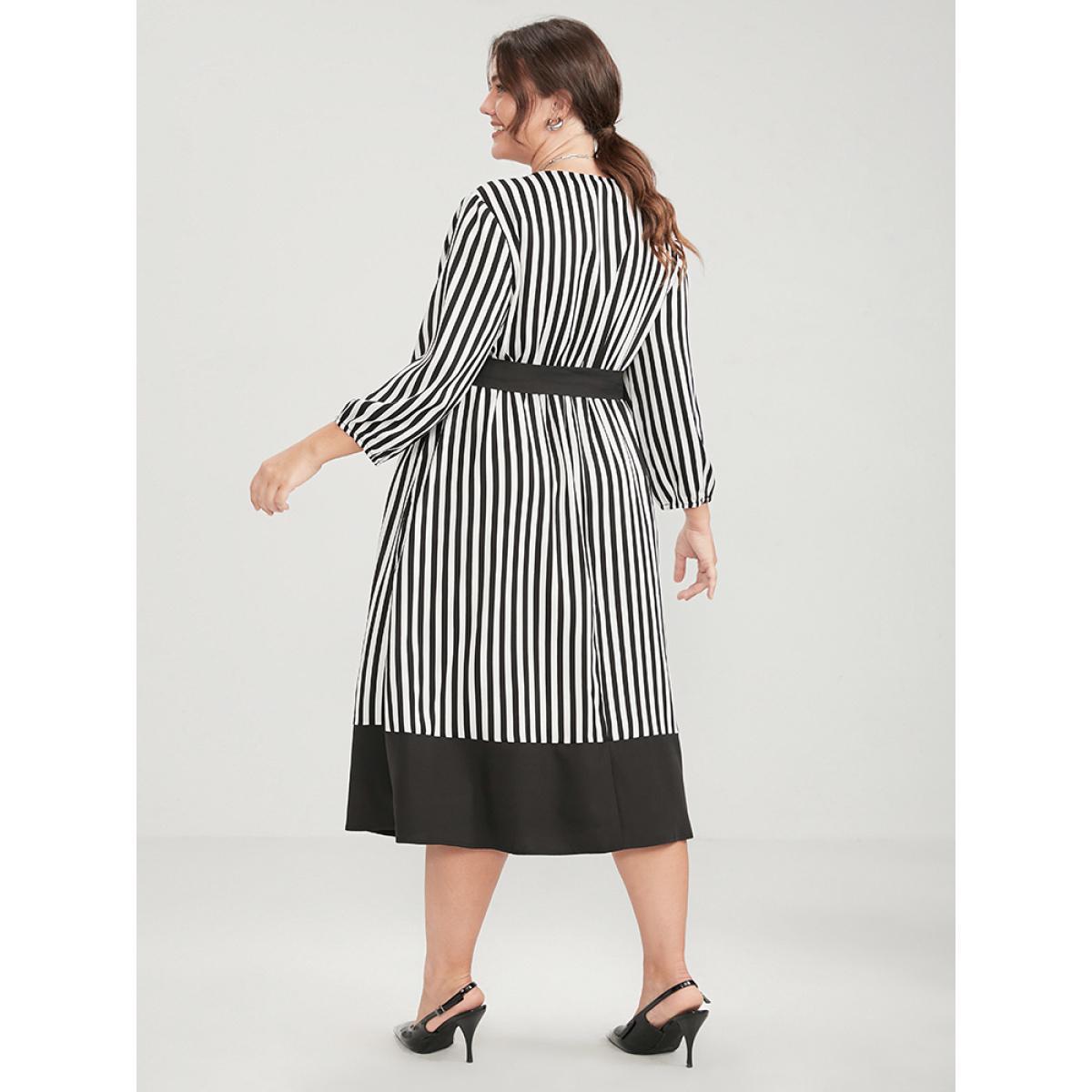 Plus Size Striped Contrast Patchwork Lantern Sleeve Pocket Belted Wrap Dress Black Women Office Belted V-neck Elbow-length sleeve Curvy Midi Dress BloomChic 30/6X Product Image
