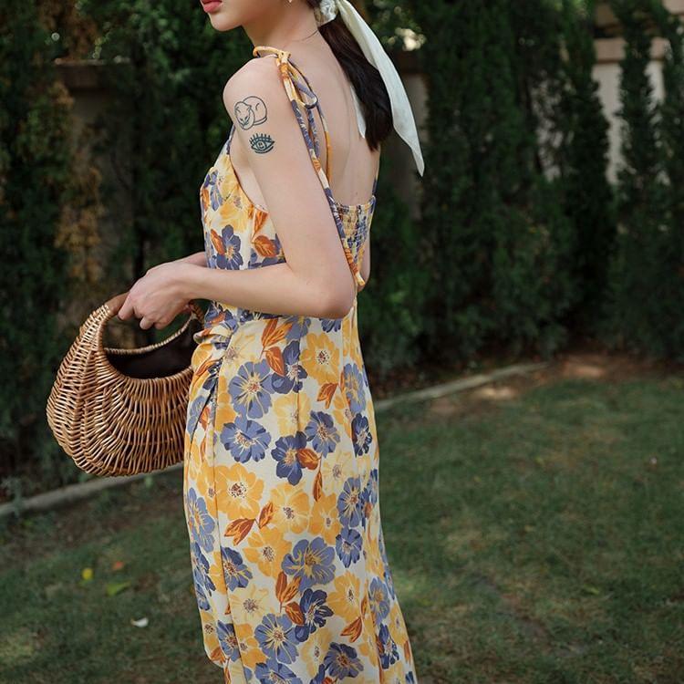 Tie Shoulder Floral Print Slit Maxi A-Line Dress Product Image