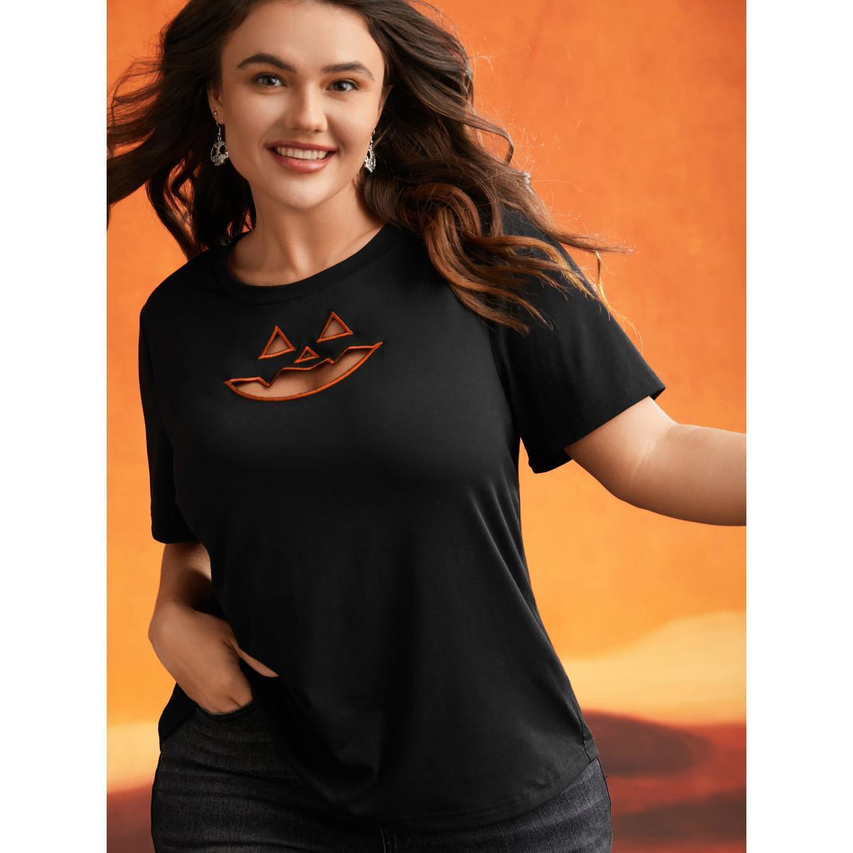 Plus Size Jack-O-Lantern Neck Hollow Embroidered T-shirt Black Women Casual Cut-Out Halloween Round Neck Everyday T-shirts BloomChic 10/M Product Image