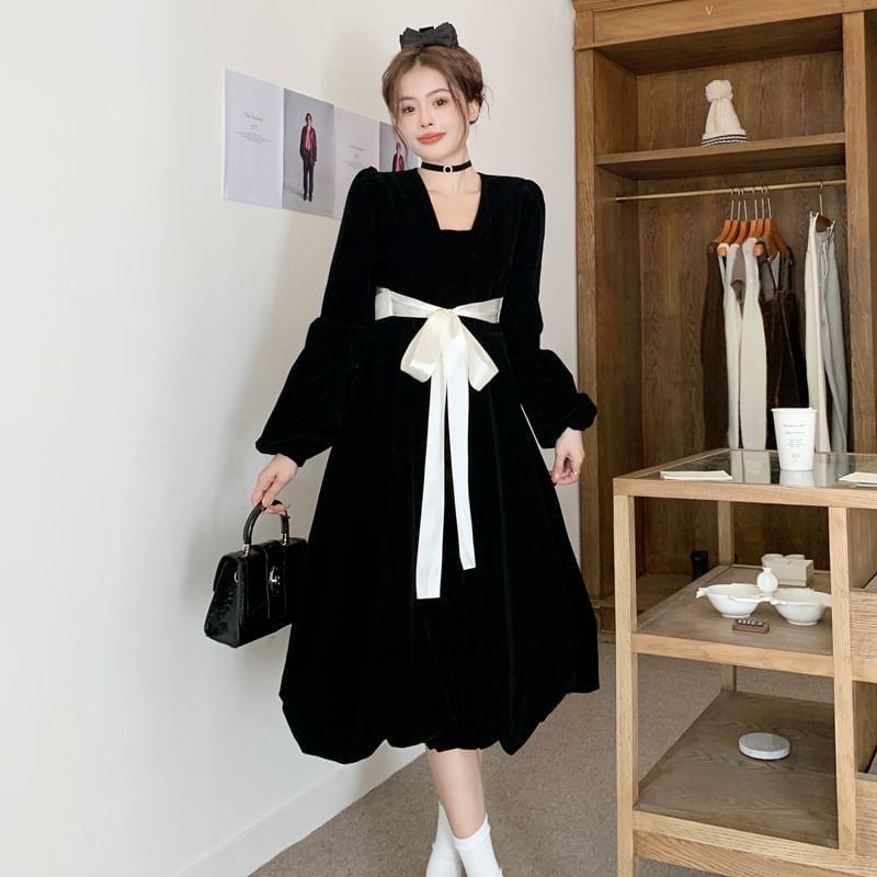 Long-Sleeve V-Neck Ribbon Waist A-Line Dress (Various Designs) Product Image