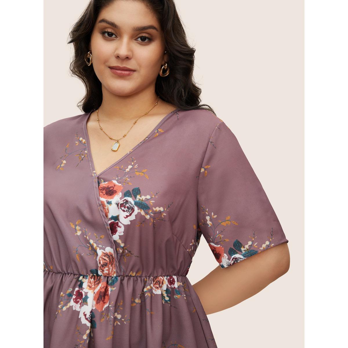 Floral Wrap Smocked Plus Size Women Casual Blouses Dailywear Ruffle Sleeve Short Sleeve V Neck Elegance Blouses BloomChic Product Image