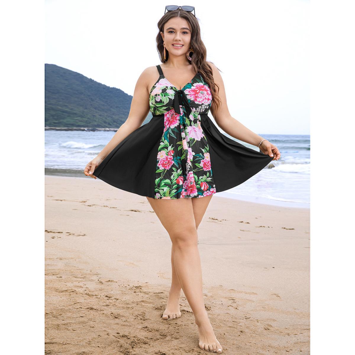 Plus Size Floral Patchwork Ruffle Knotted Swim Dress Women's Swimwear BlackFlower Vacation Bodycon V-neck High stretch Curve Swim Dresses BloomChic 18-20/2X Product Image