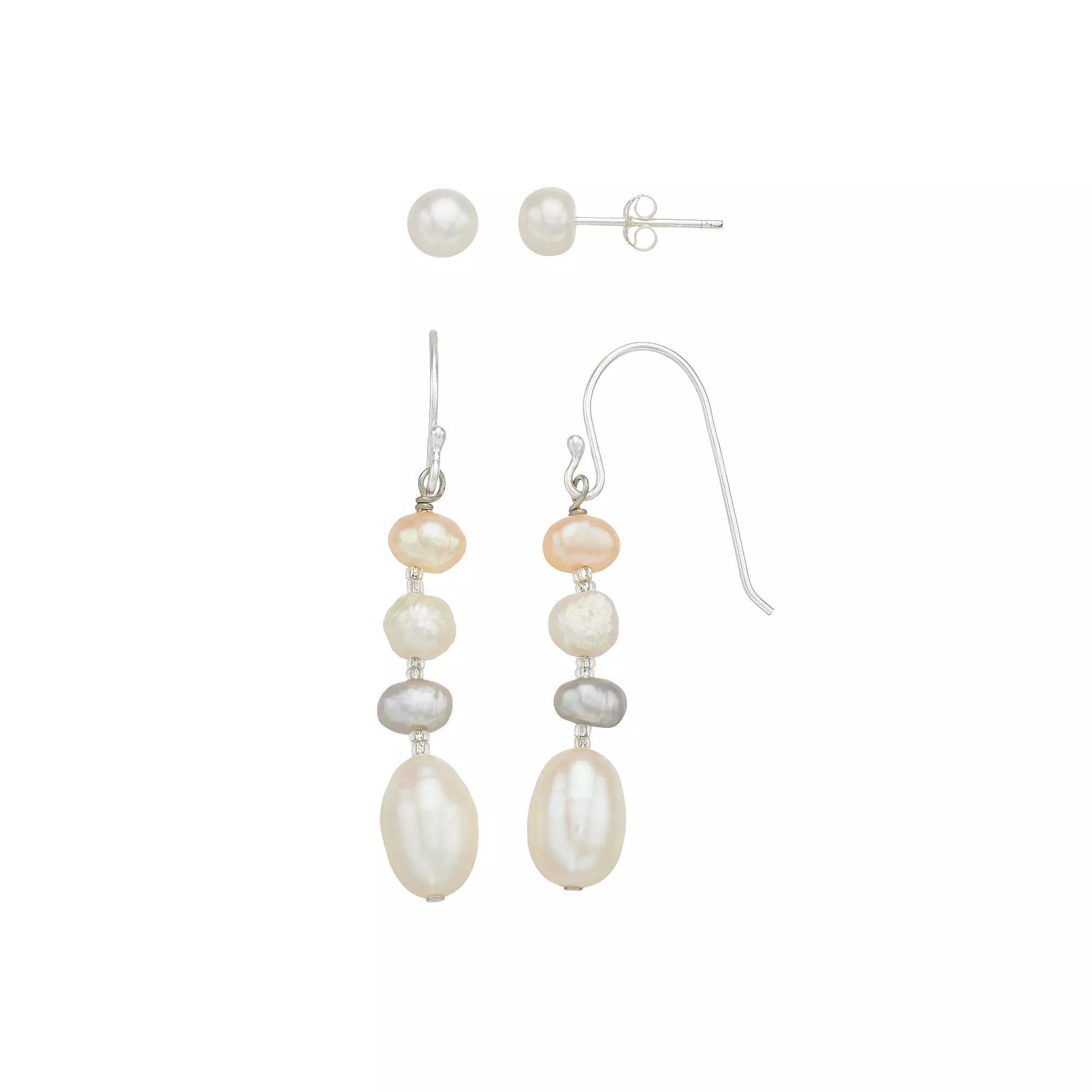 Aleure Precioso Sterling Silver Cultured Freshwater Pearl Stud & Linear Drop Earring Set, Womens Product Image