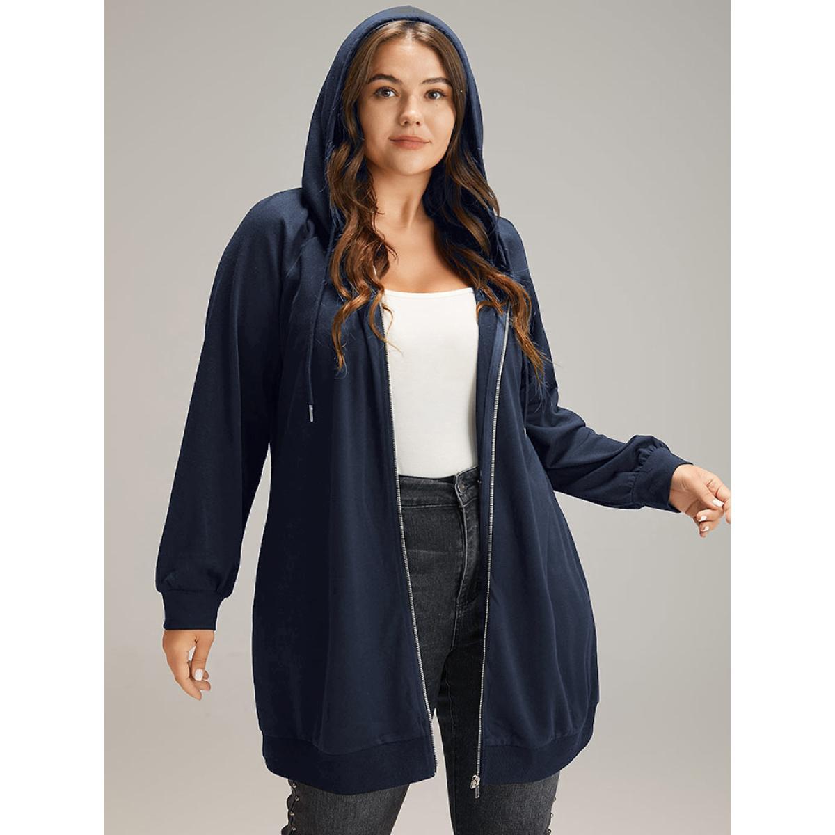 Plus Size Plain Zipper Hooded Drawstring Pocket Sweatshirt Women DarkBlue Casual Plain Hooded Dailywear Sweatshirts BloomChic 12/L Product Image