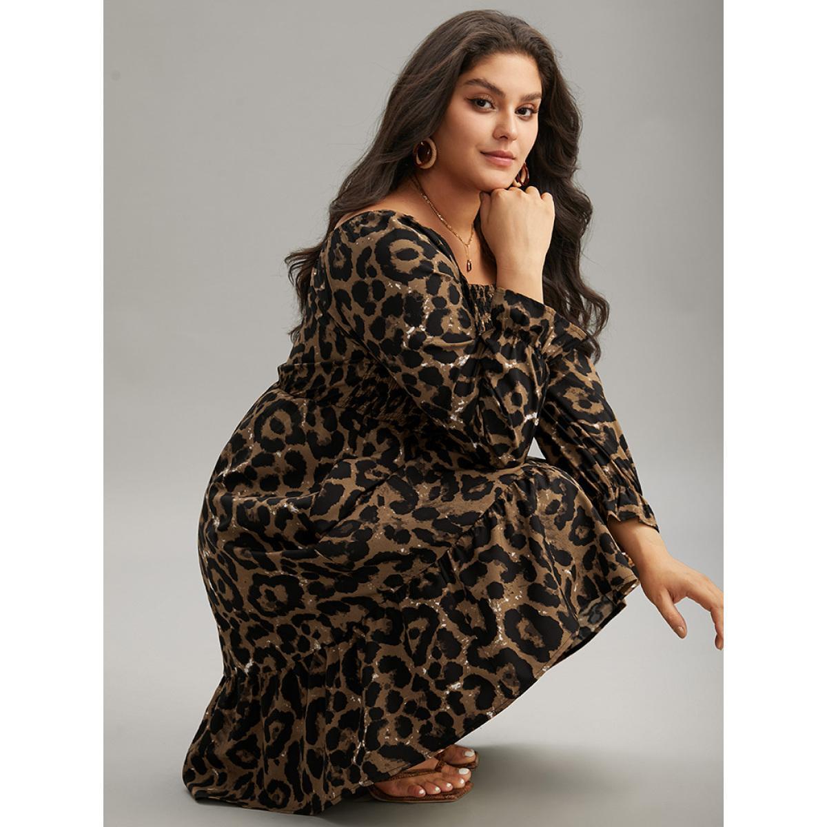 Plus Size Square Neck Leopard Shirred Ruffles Dress Leopard Women Elegant Gathered Square Neck Long Sleeve Curvy Knee Dress BloomChic 28/5X Product Image