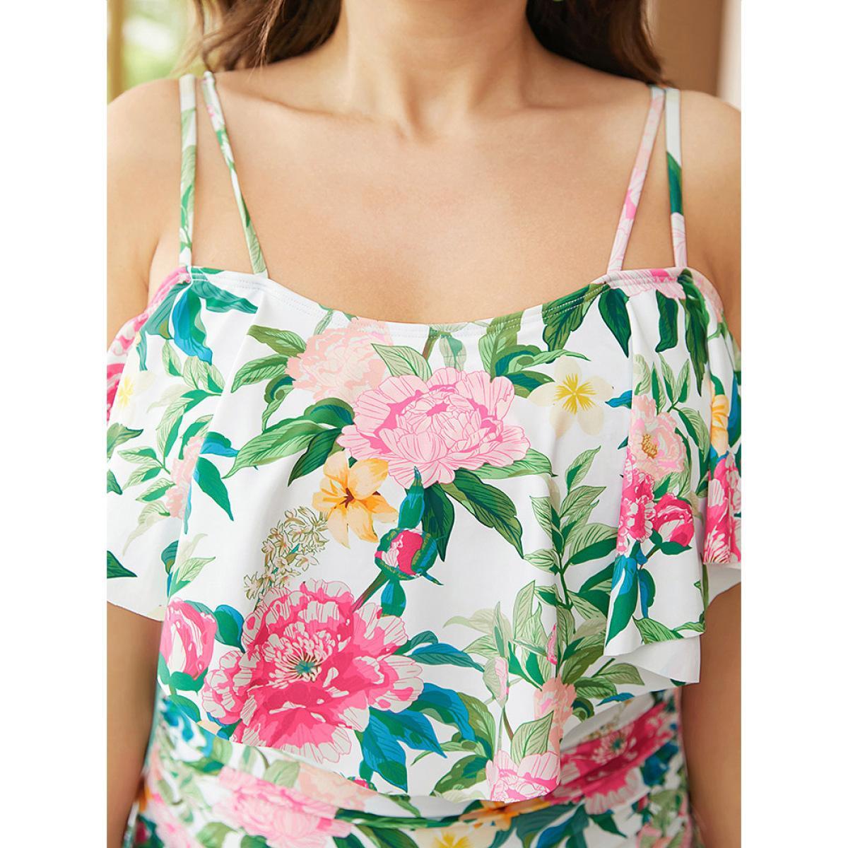 Plus Size Floral Ruched Detail Ruffle Trim Cami One Piece Swimsuit Women's Swimwear White Vacation Adjustable Straps Curve Bathing Suits High stretch One Pieces BloomChic 26/4X Product Image