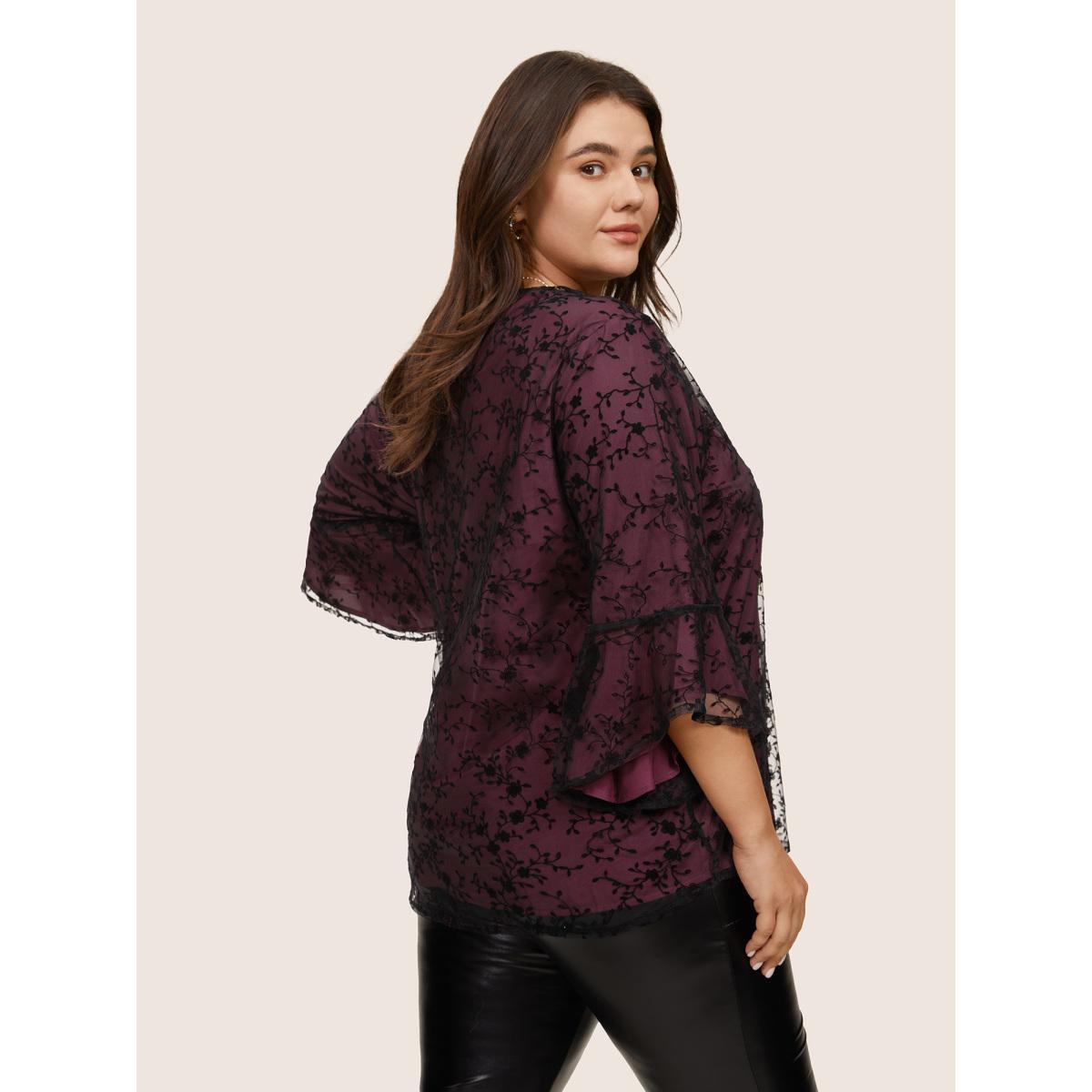 Plus Size Burgundy Crochet Lace Mesh Bell Sleeve Blouse Women Cocktail Elbow-length sleeve V-neck Party Blouses BloomChic 12/L Product Image