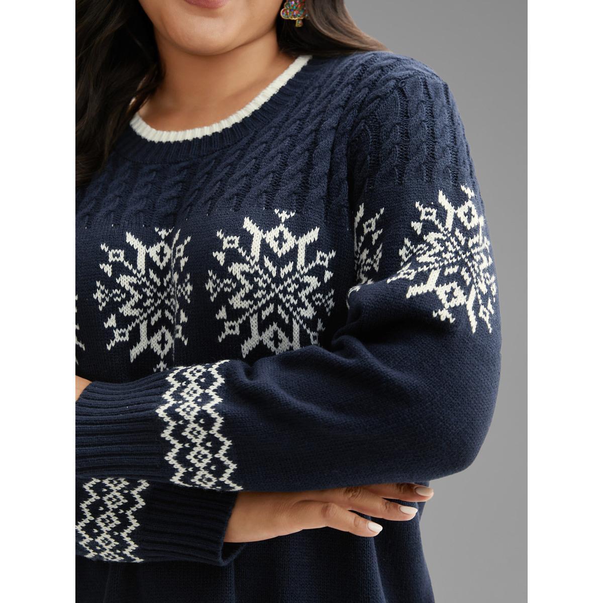Plus Size Snowflakes Pattern Contrast Round Neck Pullover Midnight Women Casual Loose Long Sleeve Round Neck Everyday Pullovers BloomChic 28/5X Product Image