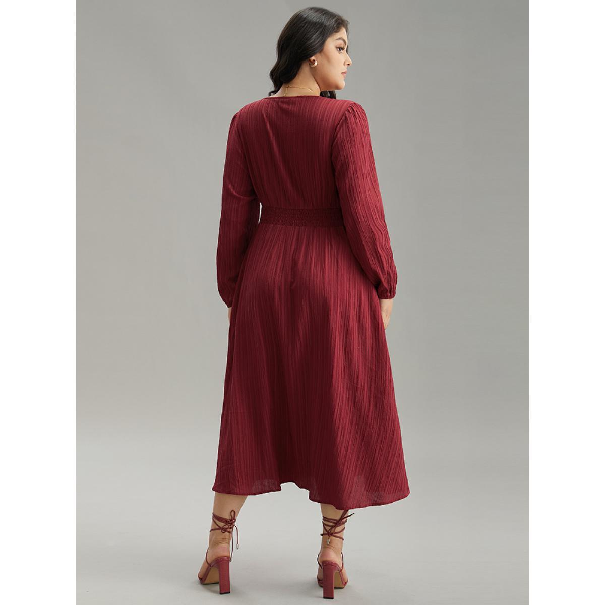 Plus Size Solid Plisse Button Detail Shirred Dress Scarlet Women Elegant Elastic cuffs V-neck Long Sleeve Curvy Midi Dress BloomChic 14-16/1X Product Image