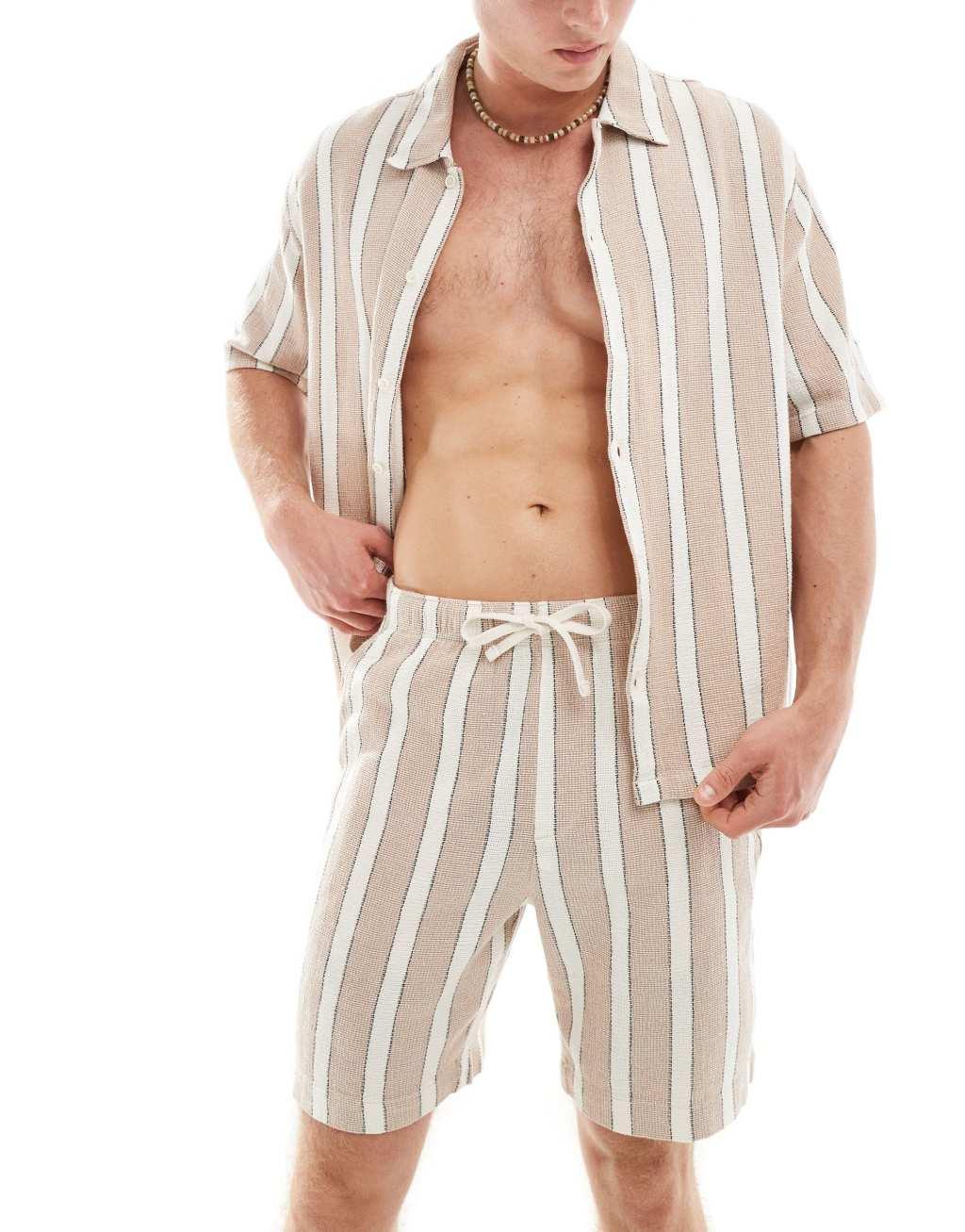 Bershka textured striped shorts in sand - part of a set Product Image