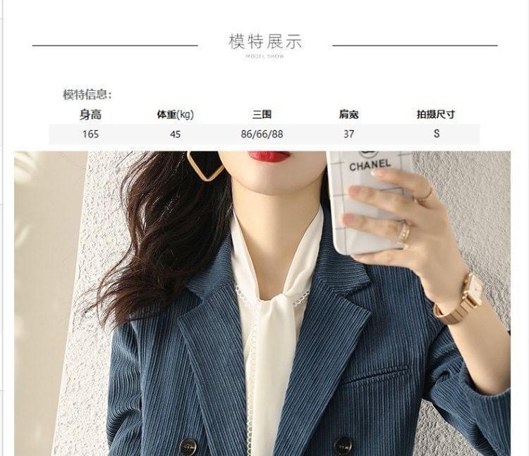 Lapel Collared Corduroy Double-Breasted Long Blazer Product Image