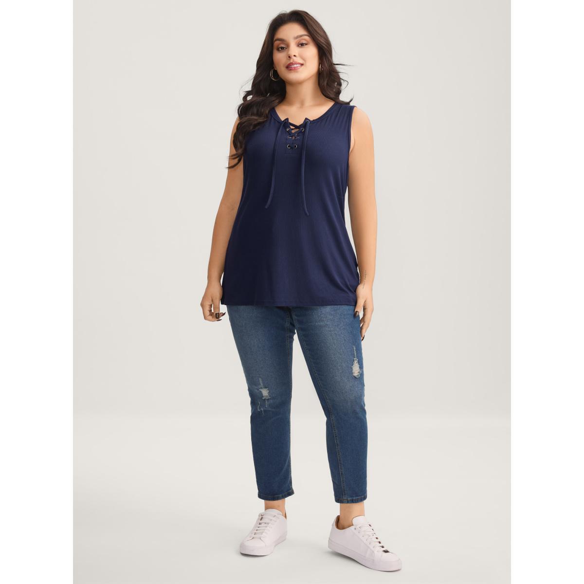 Plus Size Pit Strip Tie Neck Tank Top Women Navy Eyelet Non Everyday-Casual Tank Tops Camis BloomChic 10/M Product Image