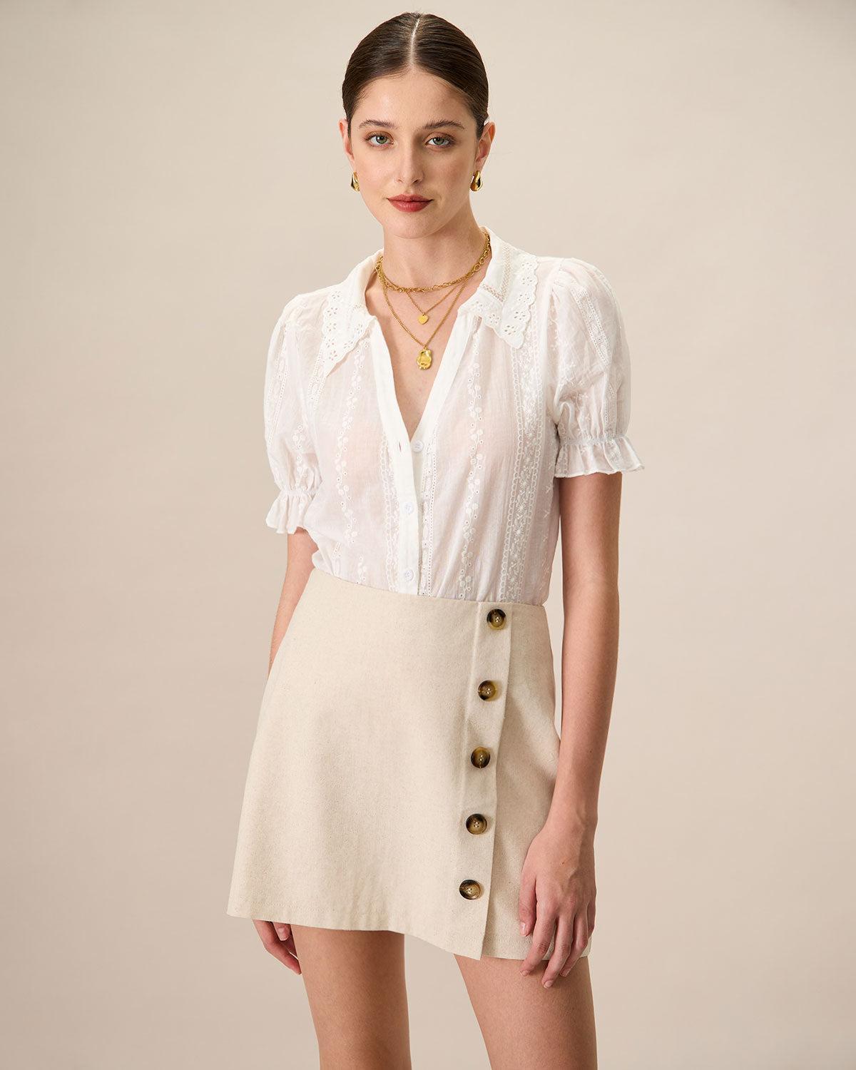 Women's Beige High-Waisted Cotton Button Mini Skirt Female Product Image