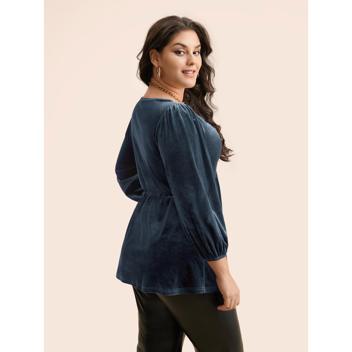 Plus Size Stone Velvet Heart Neckline Gathered Blouse Women Elegant Three Quater Length Sleeve Heart neckline Everyday Blouses BloomChic 28/5X Product Image