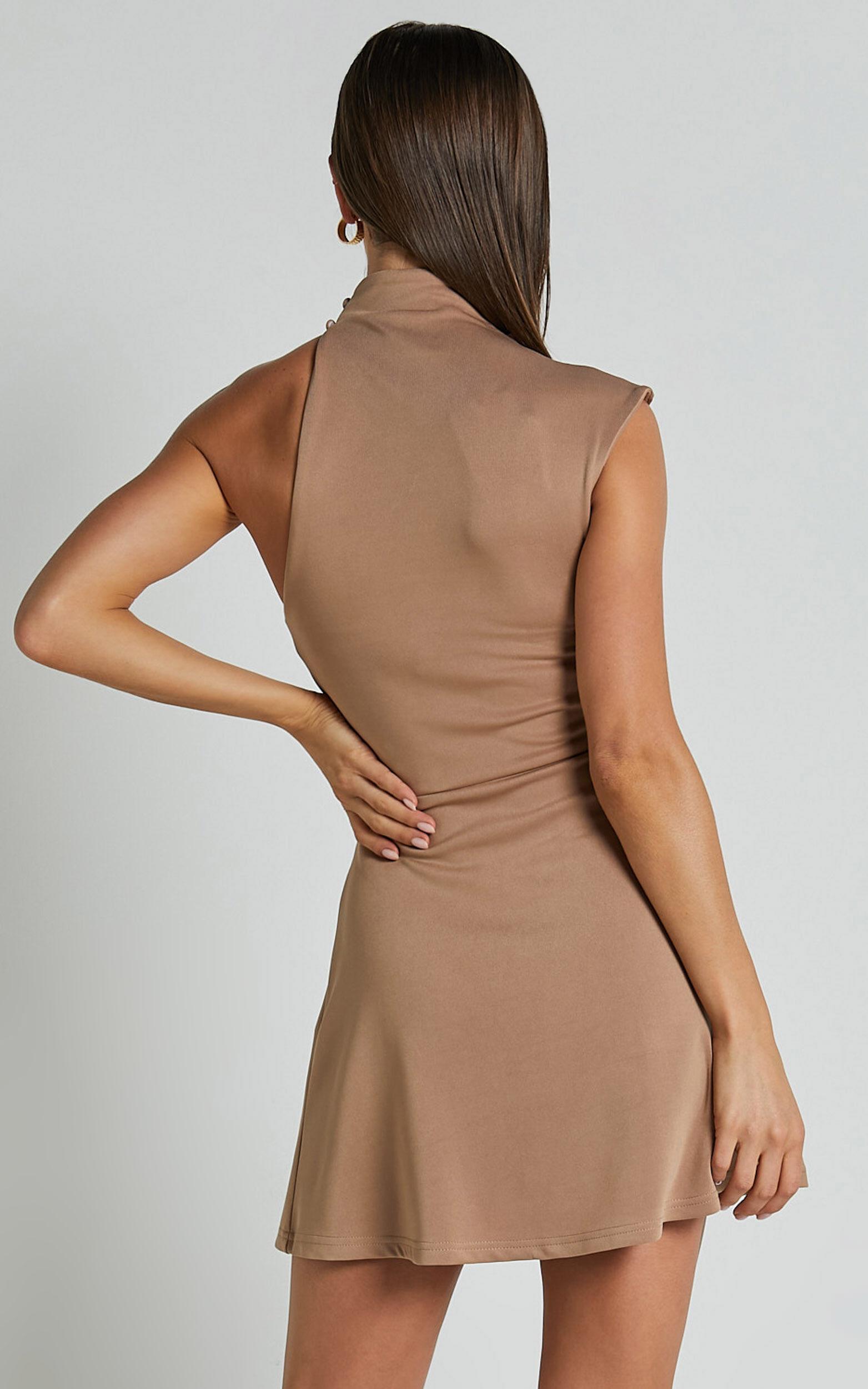 Rubie Mini Dress - High Neck Asymmetrical One Shoulder Dress in Mocha Product Image