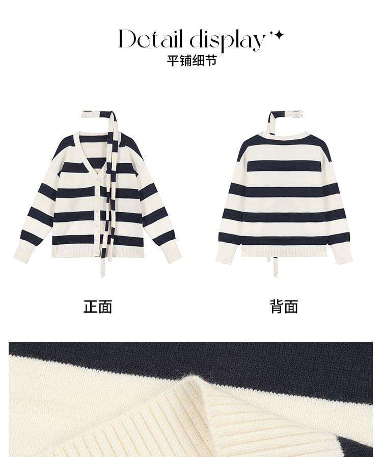Oversized Striped V-Neck Cardigan with Sash Product Image