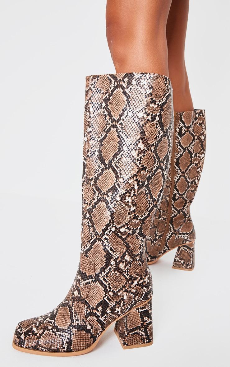 Snake Pu Wide Fit Round Toe Knee High Heeled Boots Product Image