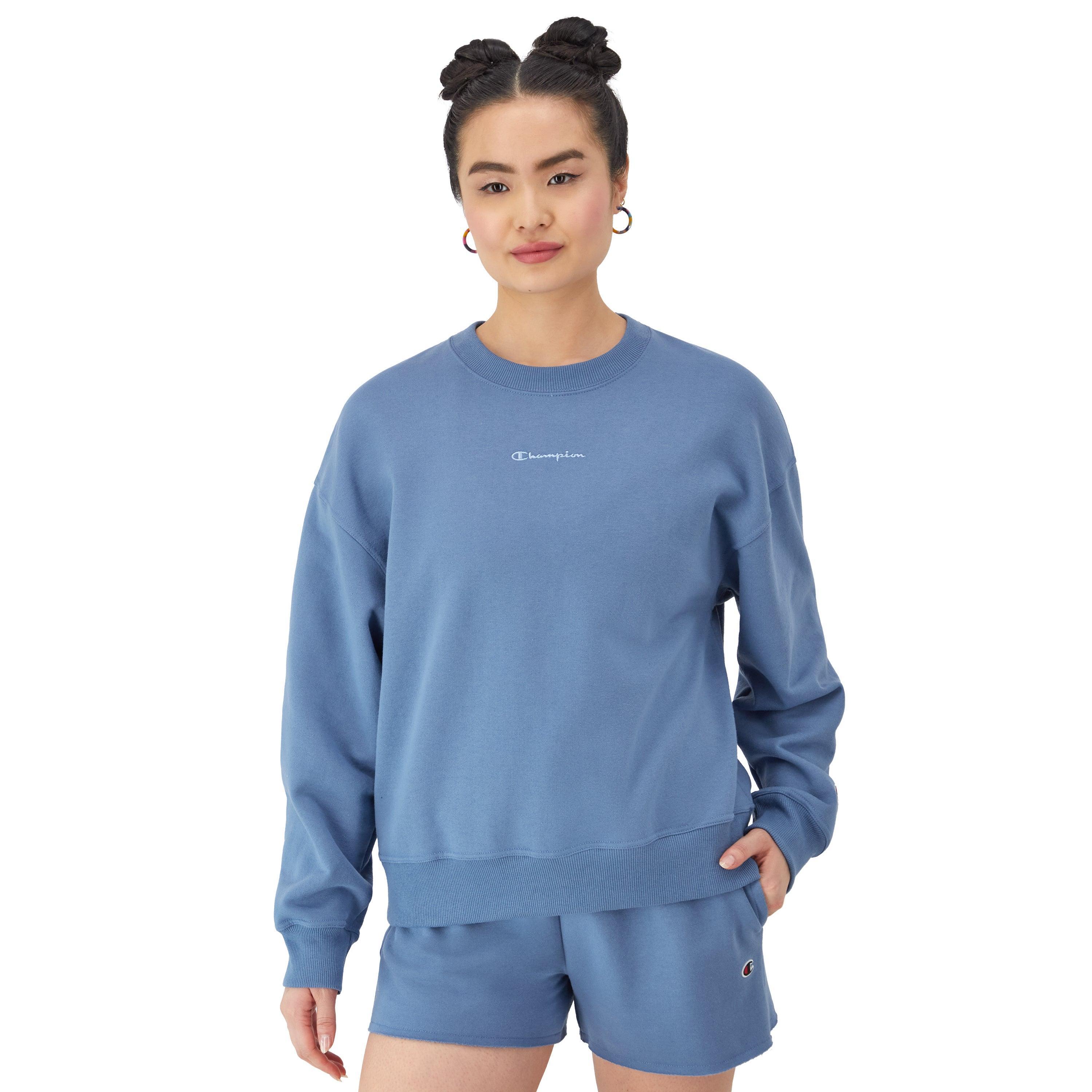 Womens Champion Powerblend Crewneck Sweatshirt, Embroidered Script Logo Oxford Grey XS Product Image