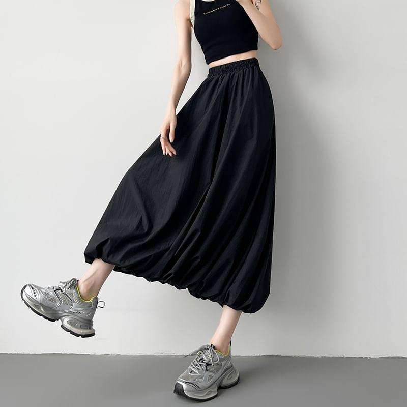 High Waist Plain Midi A-Line Skirt Product Image