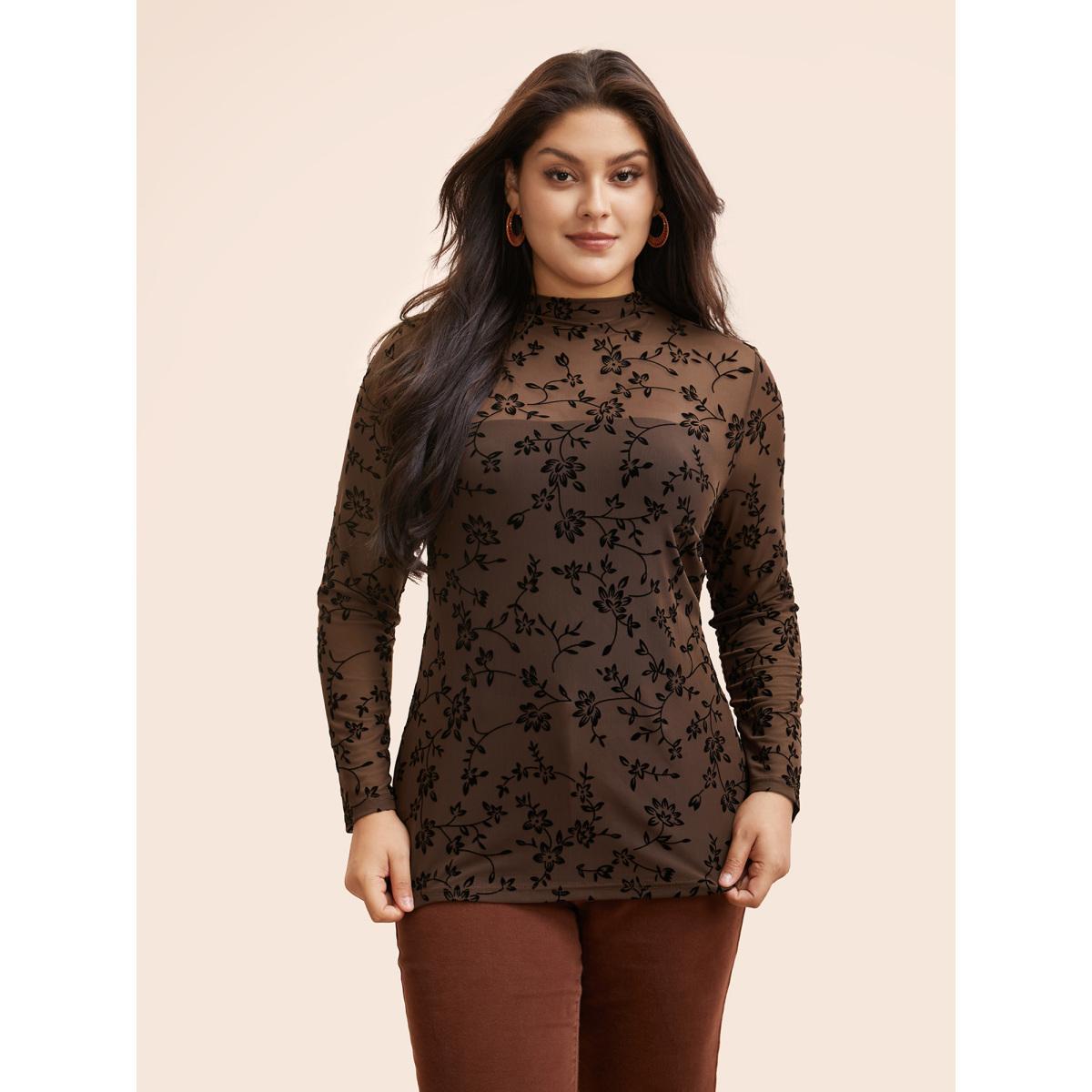 Plus Size Floral Flocking Mesh Mock Neck T-shirt DarkBrown Women Elegant See through Stand-up collar Skinny Everyday T-shirts BloomChic 28/5X Product Image