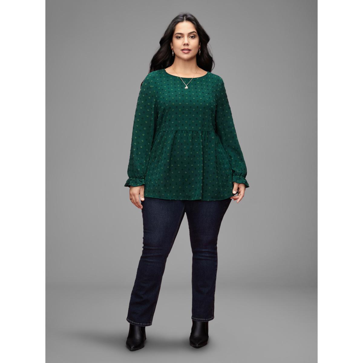 Plus Size Rust Textured Dot Elastic Cuffs A-line Blouse Women Casual Long Sleeve Round Neck Everyday Blouses BloomChic 12/L Product Image