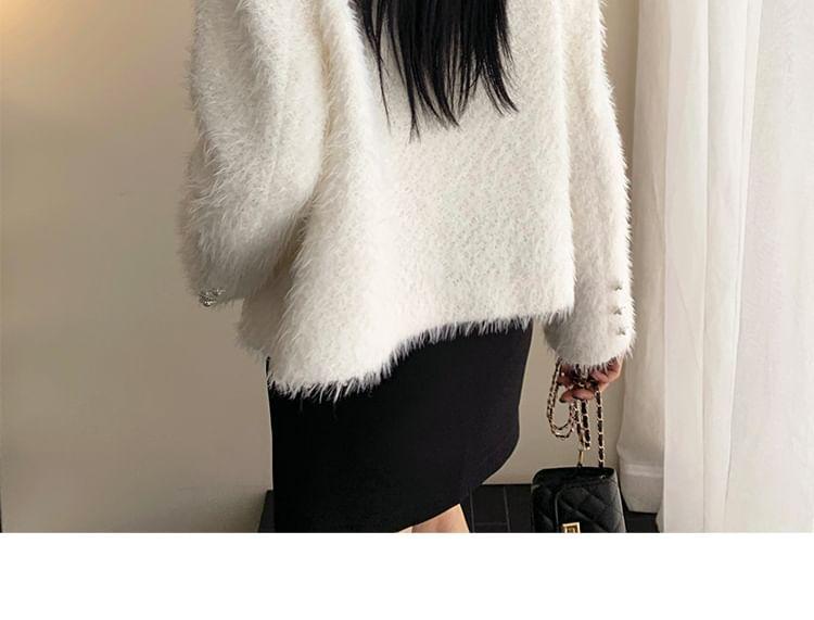 Round Neck Plain Beaded Faux Pearl Button Jacket Product Image