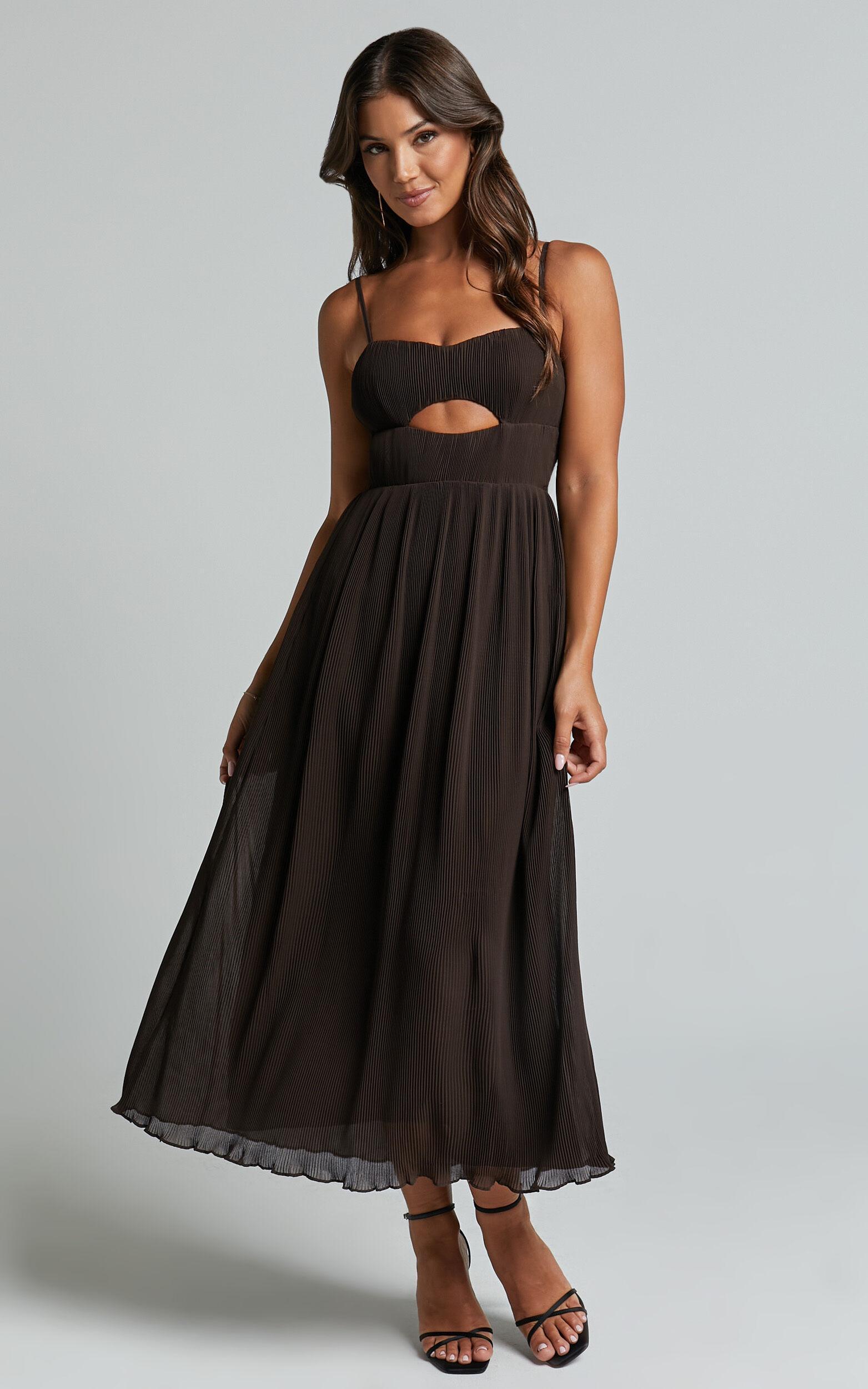 Ezri Midi Dress - Strappy Cut Out Pleated A Line Dress in Chocolate Product Image